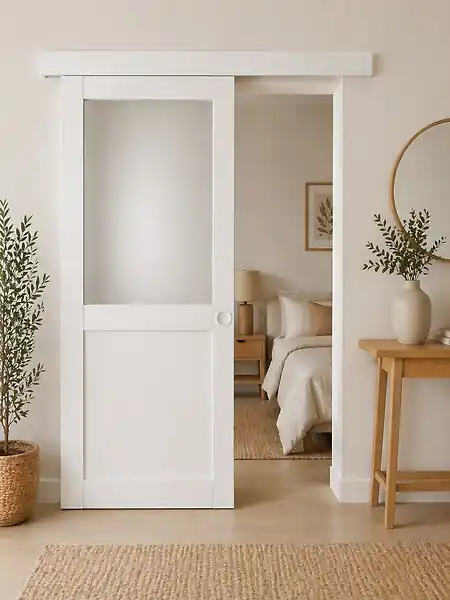 Offre Du Jour Porte Coulissante Athena Blanc H204 x l93 cm, Rail alu Bandeau Blanc, Coquilles blanc GD MENUISERIES