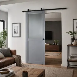 Porte Coulissante Athena Gris Clair Vitrée H204 x L73 cm, Rail Roulettes, Coquilles Noir GD MENUISERIES Bon Marché