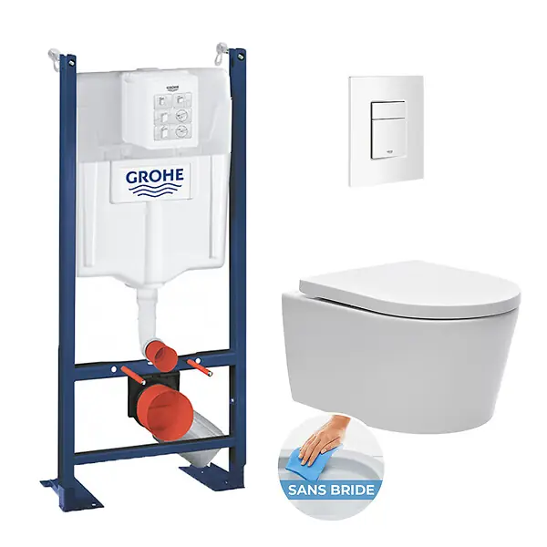 Nouveauté Pack WC Bâti autoportant avec Cuvette Swiss Aqua Technologies sans bride + Plaque blanche (ProjectSATrimless-4) GROHE