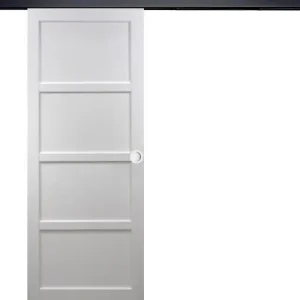 Porte Coulissante Tamera blanc 4 panneaux H204 x L93 cm, Rail Alu bandeau noir, Coquilles blanc GD MENUISERIES Super Prix