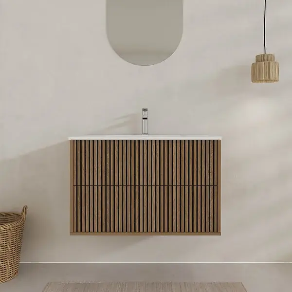 Meuble Salle de Bains 80cm 2 Tiroirs Décor Chêne et Noir Cranté - Vasque Blanche Mate - YUKI AURLANE Seulement Aujourd'hui