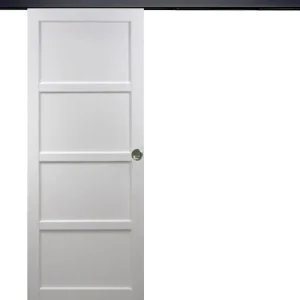 Porte Coulissante Tamera blanc 4 panneaux H204 x L93 cm, Rail Alu bandeau noir, Coquilles GD MENUISERIES Quantité Limitée