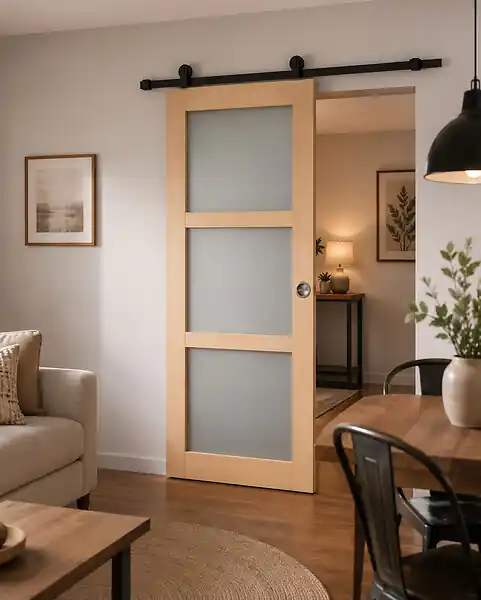 Produit De Marque Porte Coulissante Ayous 3 Panneaux Gris Clair H204 x L73 cm, Rail Roulettes, Coquilles GD MENUISERIES