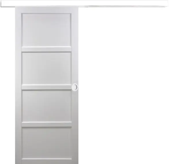 Acheter En Ligne Porte Coulissante Tamera blanc 4 panneaux H204 x L93 cm, Rail Alu bandeau blanc, Coquilles blanc GD MENUISERIES