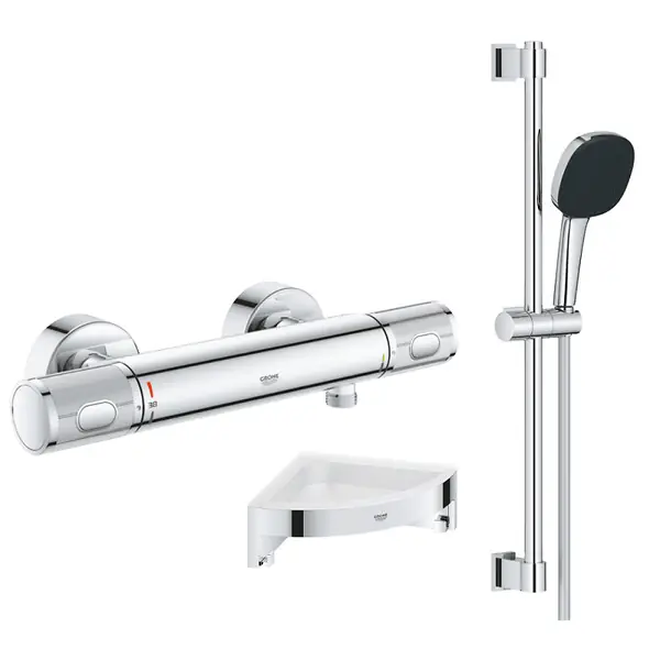 Mitigeur douche thermostatique Precision Feel + Ensemble de douche 2 jets avec barre + Tablette d‘angle GROHE Meilleur Prix