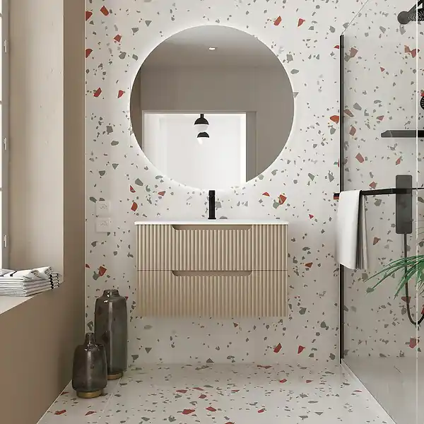 Haute Qualité Meuble de Salle de Bains LEON 80cm Marron Glace - 2 Tiroirs en MDF Ondulés - Vasque à encastrer AURLANE