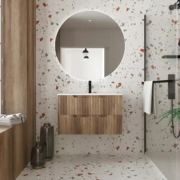 Meuble de Salle de Bains LEON 80cm Décor Bois - 2 Tiroirs en MDF Ondulés - Vasque à encastrer AURLANE Soldes