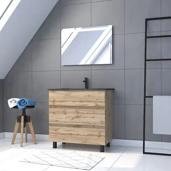 Populaire Meuble salle de bains 80cm décor chene naturel 3 tiroirs - Vasque noire et Miroir Led - TIMBER AURLANE