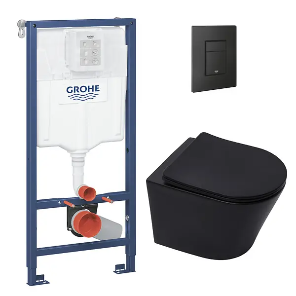 Pack WC Bâti-support Rapid SL + WC sans bride SAT Noir mat + Abattant softclose + Plaque Noir mat (RapidSL-BlackInfinitio-KF0) GROHE Prix Promo