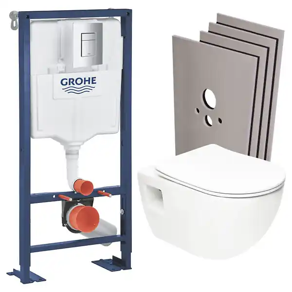 SOLIDO Pack Bâti-support + WC sans bride SAT + Abattant SoftClose + Plaque chrome+ Set d‘habillage (AUTOPORTANT-PROJECT-1-SABO) GROHE Populaire