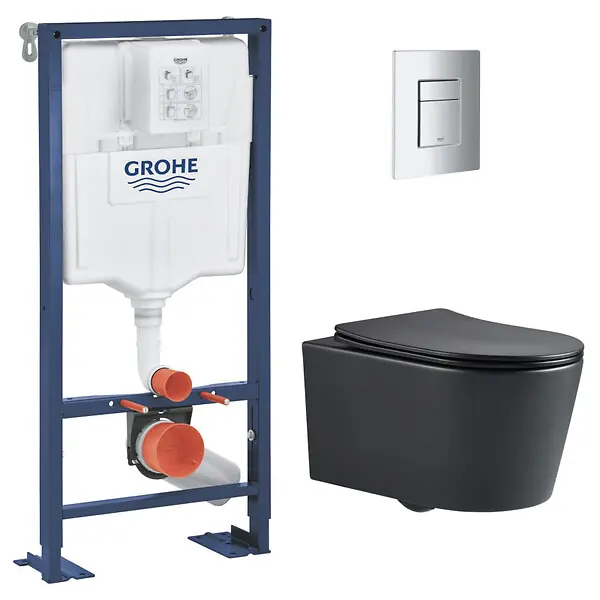 Pack WC Bâti Solido + WC sans bride SAT Noir mat + Plaque chrome (AUTOPORTANT-BLACKSAT-1) GROHE Marque