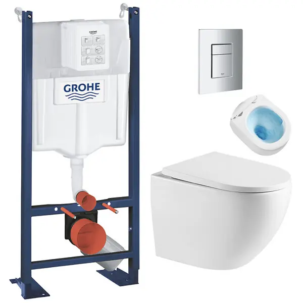 Pack WC Bâti autoportant + WC sans bride Vortex SAT + Abattant softclose + Plaque Chrome GROHE Commande En Gros
