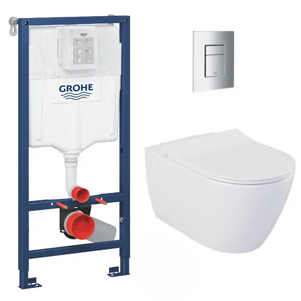 Pack WC Bâti-support Rapid SL + WC sans bride LIVEA Bello + Abattant softclose + Plaque Chrome (RapidSL-Bello-1) GROHE Dernière Chance