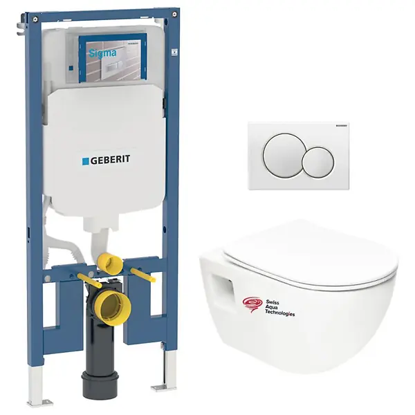 Offre Exclusive Pack bati-support Geberit + WC sans bride Swiss Aqua Technologies + Abattant SoftClose + Plaque Blanche (SLIM-Project-B)