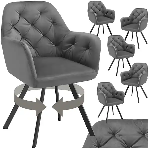 Dernier Modèle Lot 6 fauteuils pivotants 180° velours rembourrés motif matelassé gris TECTAKE