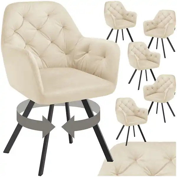 Dernier Modèle Lot 6 fauteuils pivotants 180° velours rembourrés matelassés crème TECTAKE