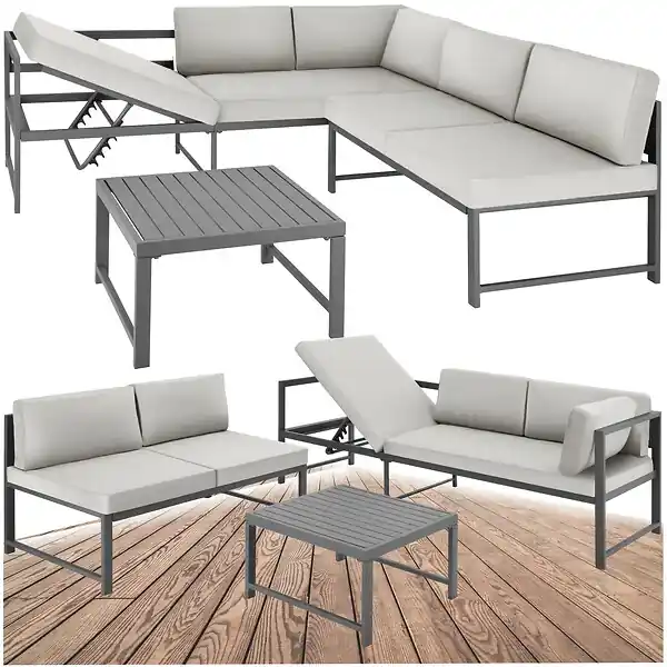 Certifié Ensemble salon de jardin aluminium 2 pieces gris coussins epais dossier reglable table 59 x 59 x 34,5 cm TECTAKE