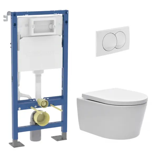 Bon Plan Duofix Pack WC bâti autoportant + WC sans bride + abattant SoftClose Swiss Aqua Technologies + plaque (GEBSTBRWR03MAN-FR) GEBERIT