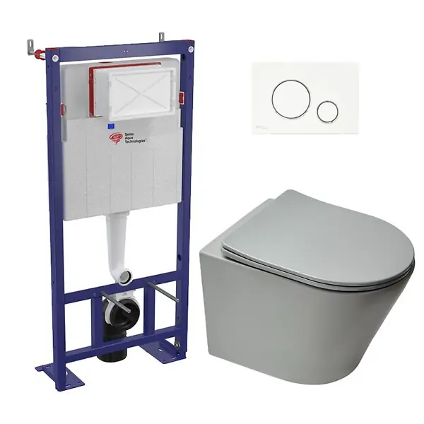 Expédition Rapide Pack WC bâti-autoportant + WC Infinitio gris mat sans bride fixations invisibles + Abattant softclose + Plaque blanche/chrome SWISS AQUA TECHNOLOGIES