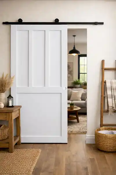 Porte Coulissante Atelier 2 Panneaux Blanc H204 X L73 cm, Rail Roulettes, Coquilles Blanc GD MENUISERIES Affaire À Saisir
