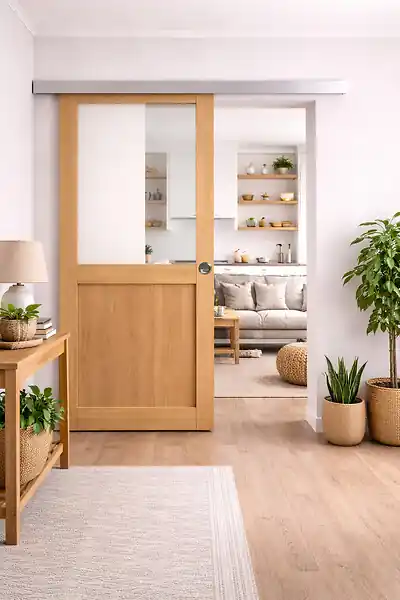 Porte Coulissante Atelier placage chene Vitrée H204 x L83 cm, Rail Alu, coquilles GD MENUISERIES Offre Spéciale