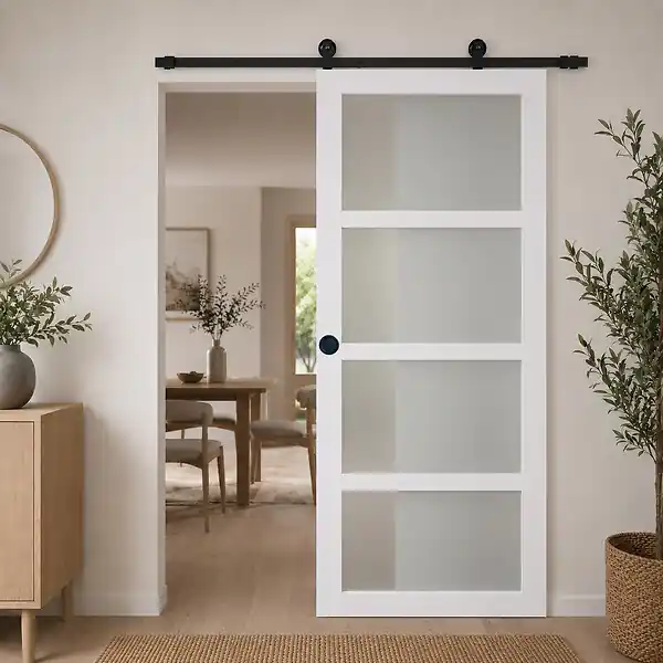 Porte Coulissante Tana Blanc Vitrée H204 x L73 cm, Rail roulettes, Coquilles Noir GD MENUISERIES Prix Cassé
