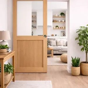 Porte Coulissante Atelier placage chene Vitrée H204 x L83 cm, Rail Alu Bandeau Blanc, Coquilles GD MENUISERIES Acheter Direct