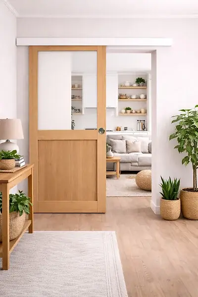 Porte Coulissante Atelier placage chene Vitrée H204 x L83 cm, Rail Alu Bandeau Blanc, Coquilles GD MENUISERIES Acheter Direct