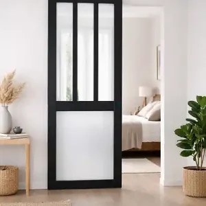 Quantité Limitée Porte Coulissante Atelier noir, blanc Vitrée H204 x L83 cm, Rail Roulettes, Coquilles Noir GD MENUISERIES