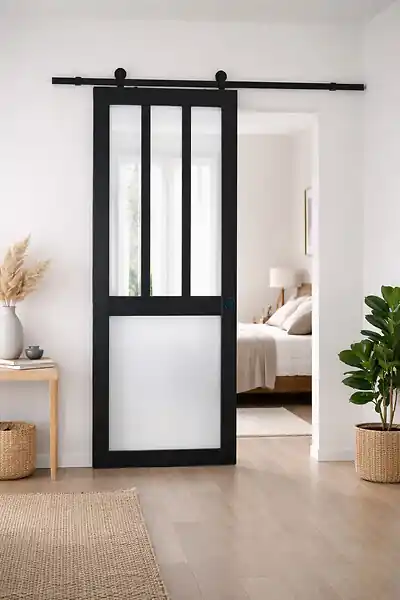 Quantité Limitée Porte Coulissante Atelier noir, blanc Vitrée H204 x L83 cm, Rail Roulettes, Coquilles Noir GD MENUISERIES