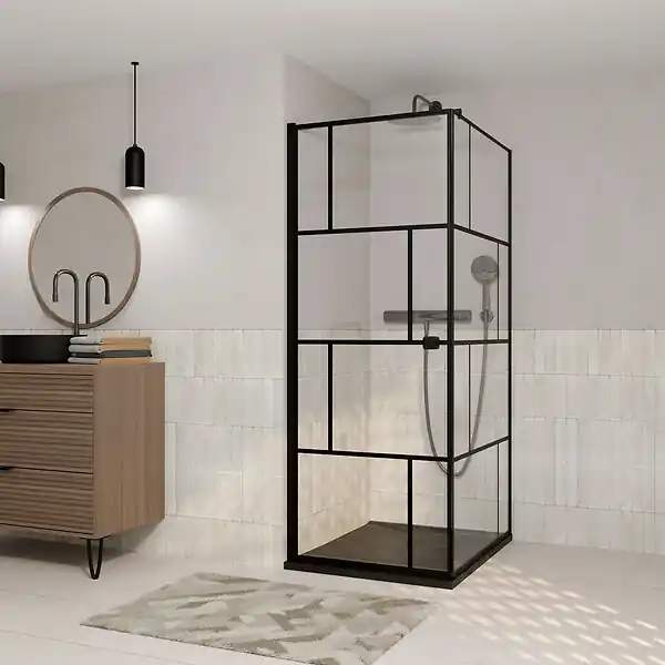 Solde Porte de douche Pivotante 90x180cm et Retour 90cm Motif Brique Noir - Verre 8mm Anticalcaire AURLANE