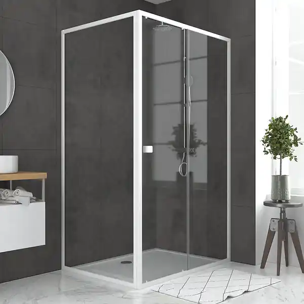 Retour Gratuit Pack porte de douche Coulissante blanc 120X185 cm + paroi de retour 80cm + receveur à poser - WHITY AURLANE