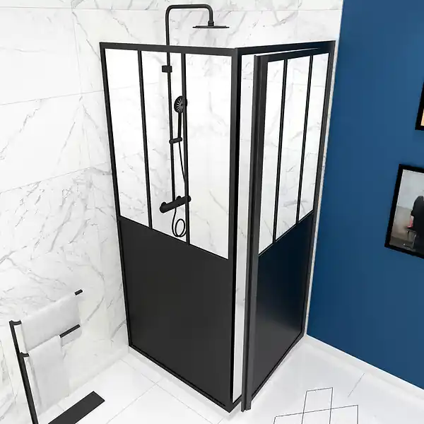 Porte de douche pivotante + paroi retour atelier - 90x200cm PROFILE NOIR MAT - verre 5mm AURLANE Réduction
