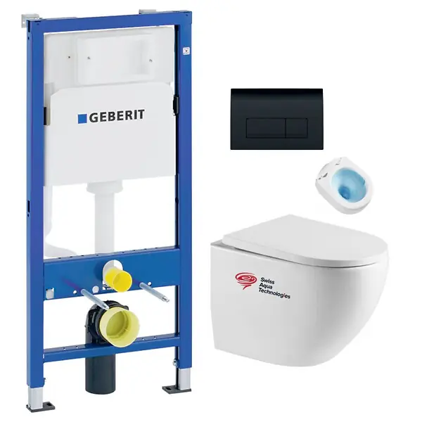 Must-Have Pack bati-support Geberit + WC sans bride Swiss Aqua Technologies + Abattant SoftClose + Plaque noir mat (FusionTQGeb10)