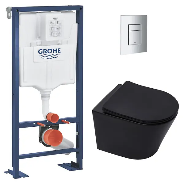 Must-Have Pack WC Bâti Solido + WC sans bride SAT Noir mat + Abattant frein de chute + Plaque chrome (AUTOPORTANT-BLACKINFINITIO-1) GROHE