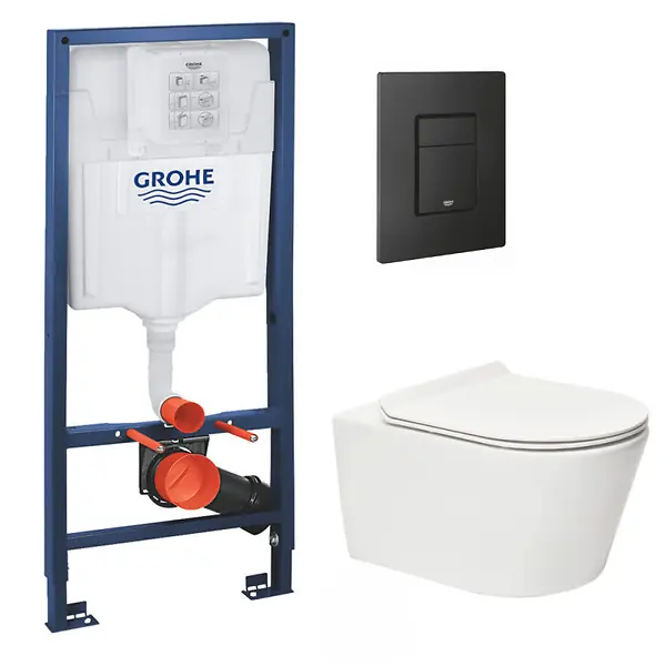 Expédié Aujourd'hui Pack WC Bâti-support Rapid SL + WC sans bride SAT + Abattant slim, softclose + Plaque de commande noir mat GROHE