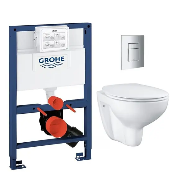 Retour Gratuit Pack WC Bâti-support Rapid SL + Cuvette Bau sans bride + Abattant SoftClose + Plaque Chrome (RapidSL082-Bau-1) GROHE