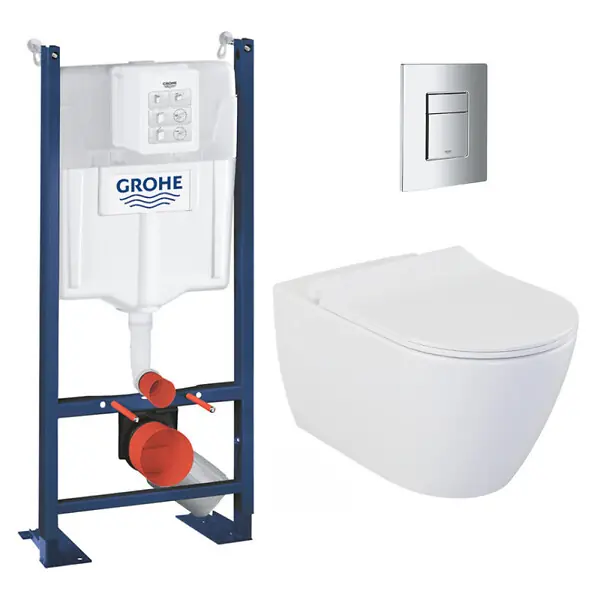 Pack WC Bâti-autoportant Rapid SL + WC sans bride Bello + Abattant softclose + Plaque chrome (ProjectBello-1-SP) GROHE Dernier Modèle