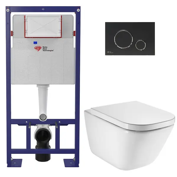 Pack WC bâti-support autoportant + WC suspendu sans bride avec abattant SoftClose + plaque noir mat (STROGAWR07-U) SWISS AQUA TECHNOLOGIES Haute Qualité
