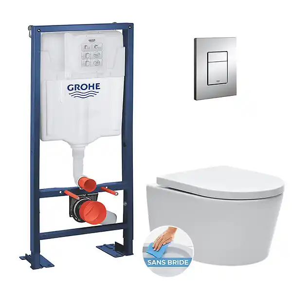 Nouvelle Collection Pack WC bâti-autoportant Rapid SL + WC SAT rimless fixations invisibles + Abattant softclose + Plaque chrome Autoportant-SAT-1 GROHE