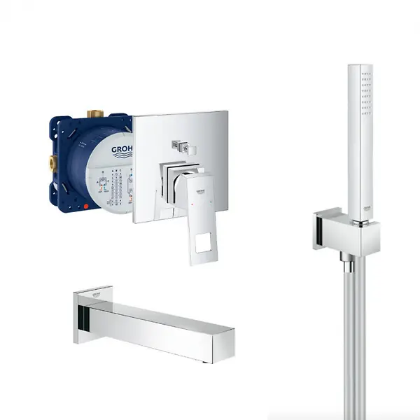 Commande En Gros Grohe Eurocube Set Mitigeur mécanique et corps d‘encastrement + Bec bain StarLight + Douchette stick 1 jet, Chrome (24062cube-Bain)