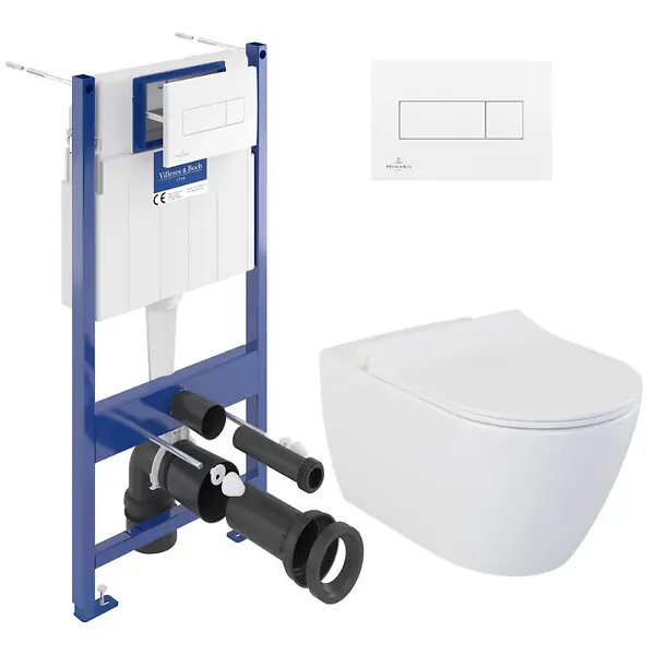 Pack WC Bâti-support Villeroy & Boch Viconnect + WC sans bride, fixations invisibles + Abattant frein de chute + Plaque Blanche Offre Spéciale
