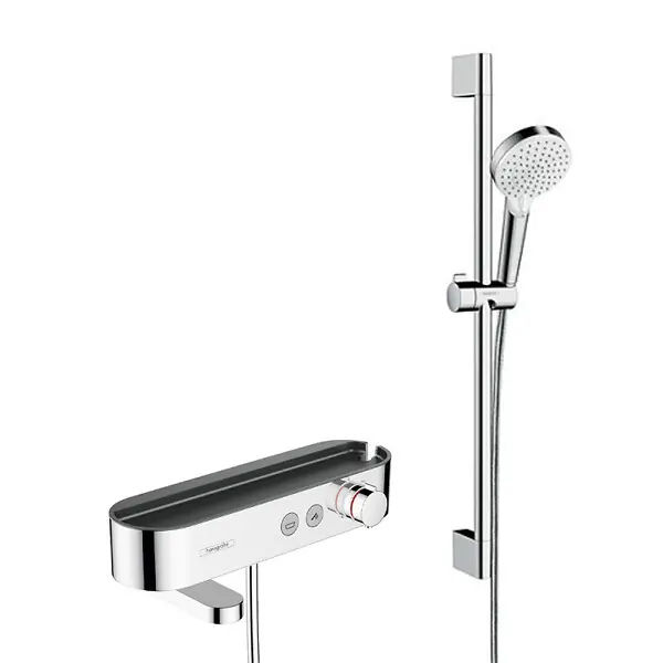 Hansgrohe Pack Mitigeur thermostatique bain/douche 400 avec tablette, bec déverseur rotatif + Set de douche 2 jets, Chrome Commander Maintenant
