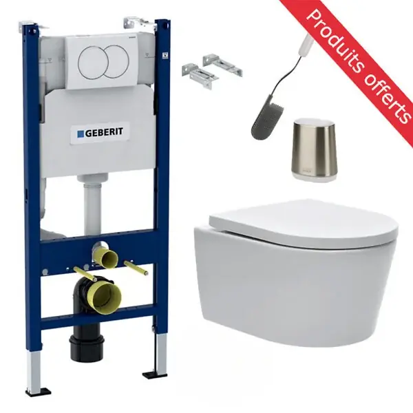Pack WC Bati-support Geberit Duofix + WC sans bride SAT + Abattant softclose + Plaque blanche + Brosse de toilette OFFERTE Dernière Chance