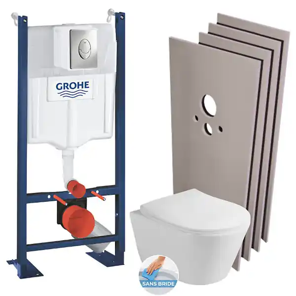 Pack WC Bâti-support autoportant + WC sans bride Lucco + Abattant softclose + Plaque Chrome + Set habillage GROHE Seulement Aujourd'hui