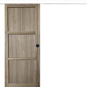 Porte Coulissante bois Frake 3 Panneaux H204 x L73 cm, rail alu bandeau blanc, coquilles Noir GD MENUISERIES Bon Plan