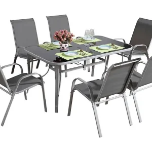 Acheter En Ligne Table et chaises de jardin en textilène "cordoba + Porto" 6 personnes gris clair HABITAT ET JARDIN