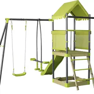 Aire de jeu portique en métal avec toboggan et bac a sable "Sohane" - Vert HABITAT ET JARDIN Solde