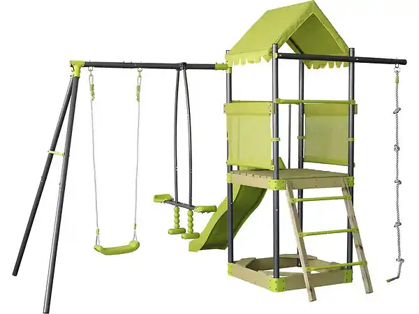 Aire de jeu portique en métal avec toboggan et bac a sable "Sohane" - Vert HABITAT ET JARDIN Solde