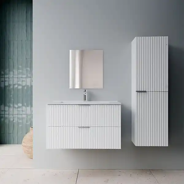 Dernière Chance Pack Meuble salle de bain 60cm et Colonne de rangement - Façades Blanches Ondulées - MILO AURLANE